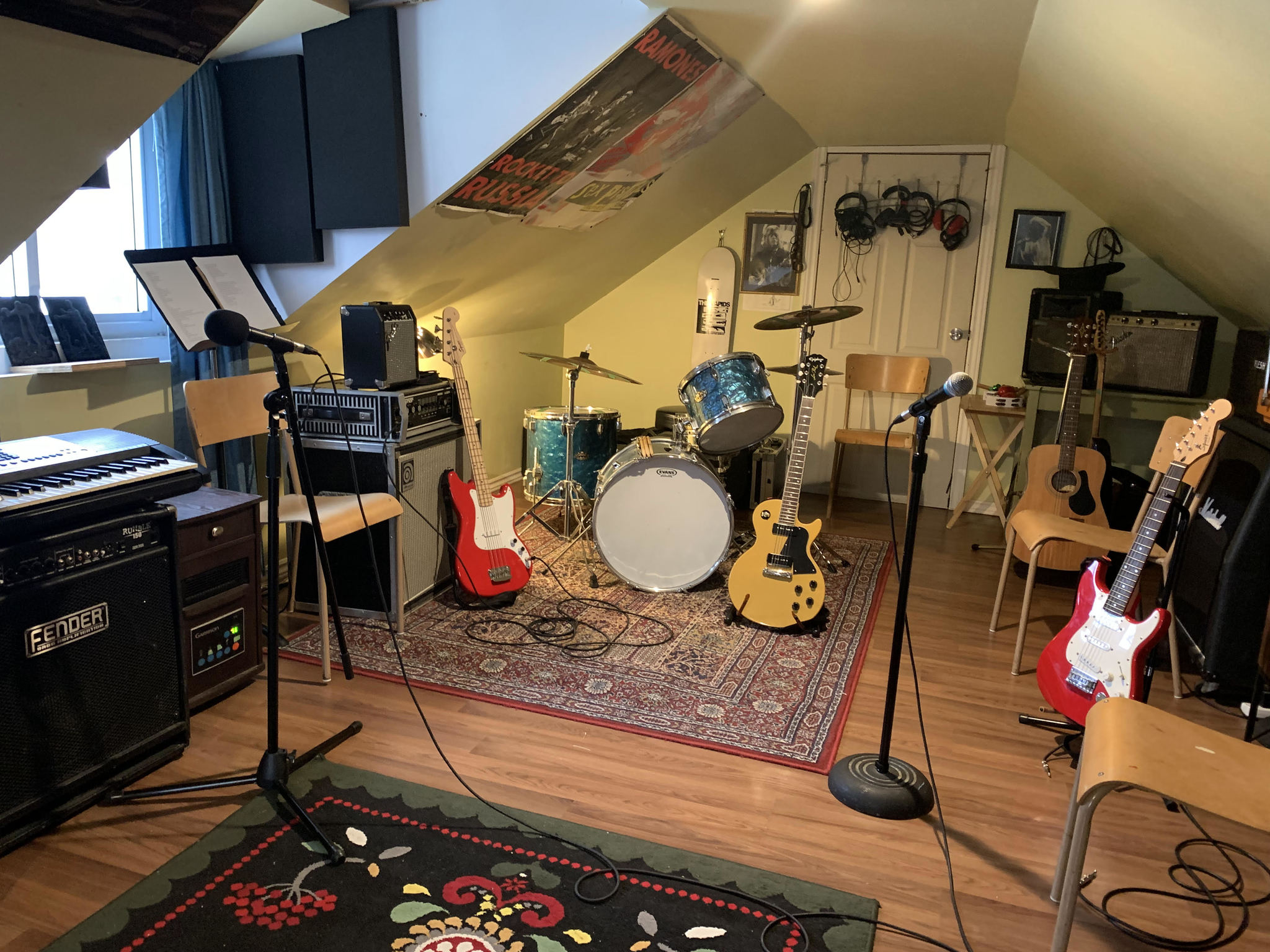 noise pollution rock school's studio space with all the different instruments like drums, guitar, bass, and keyboards