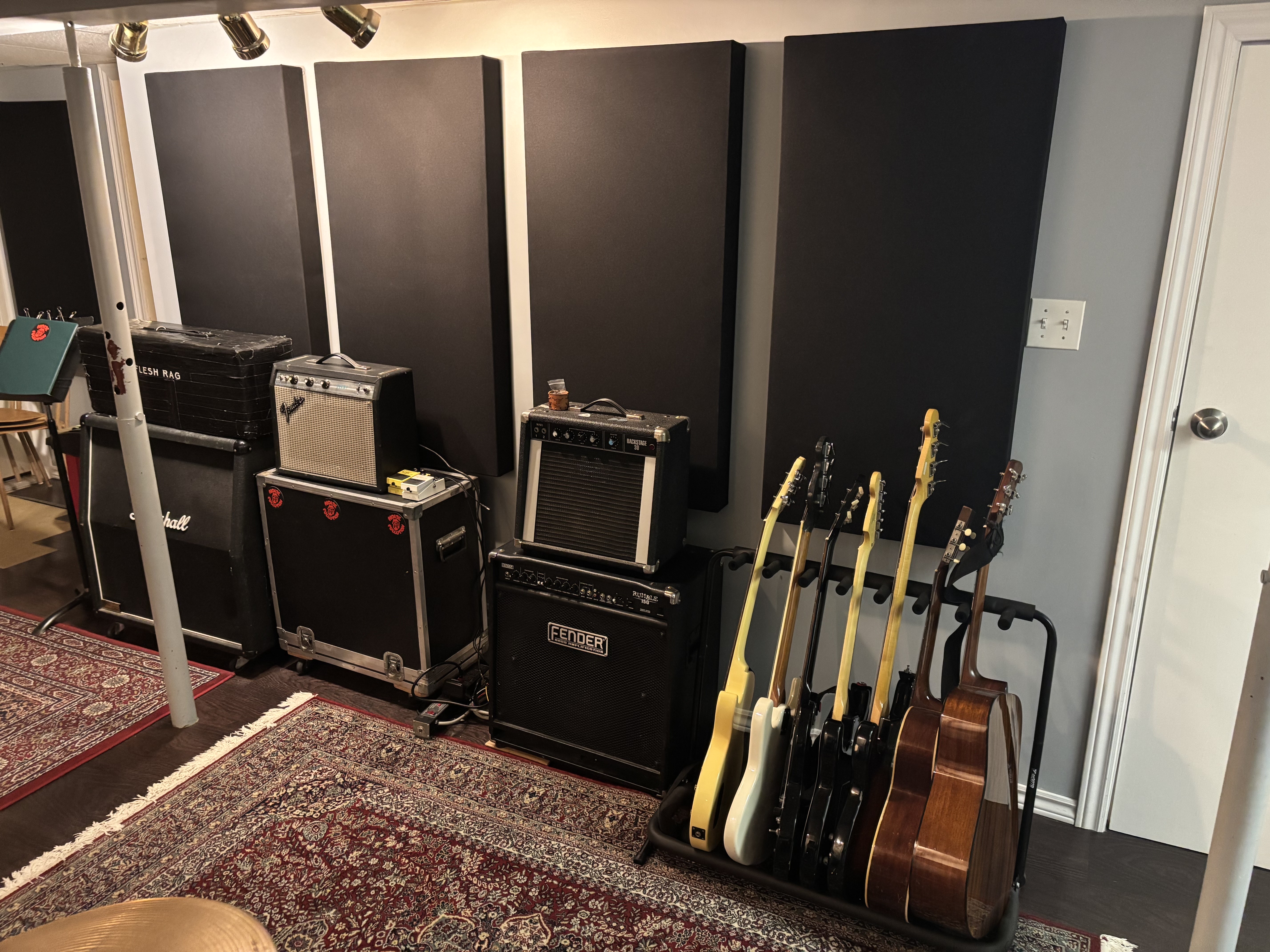 noise pollution rock school's studio space with all the different instruments like drums, guitar, bass, and keyboards
